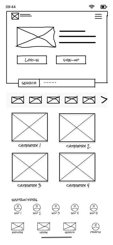 Home wireframe — LOG-IN, SIGN-UP, SEARCH, categories, instructors, bottom nav